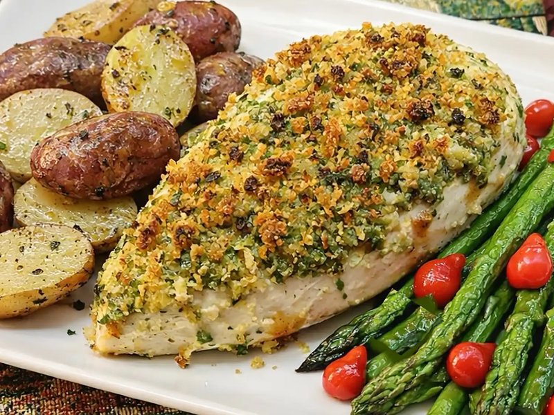 Pesto crusted chicken with asparagus and potatoes