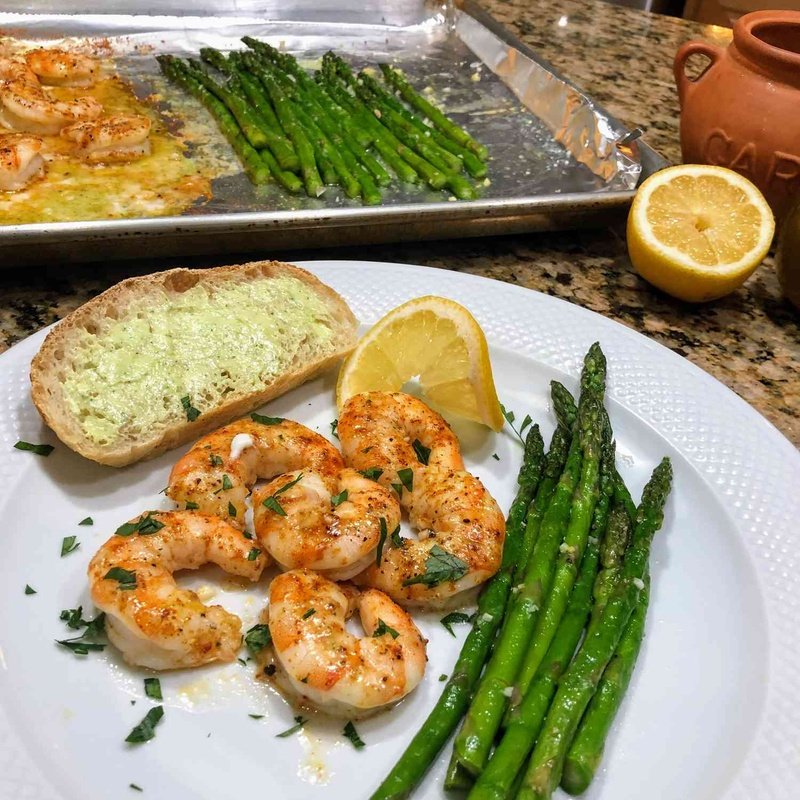 Shrimp and asparagus on a sheet pan