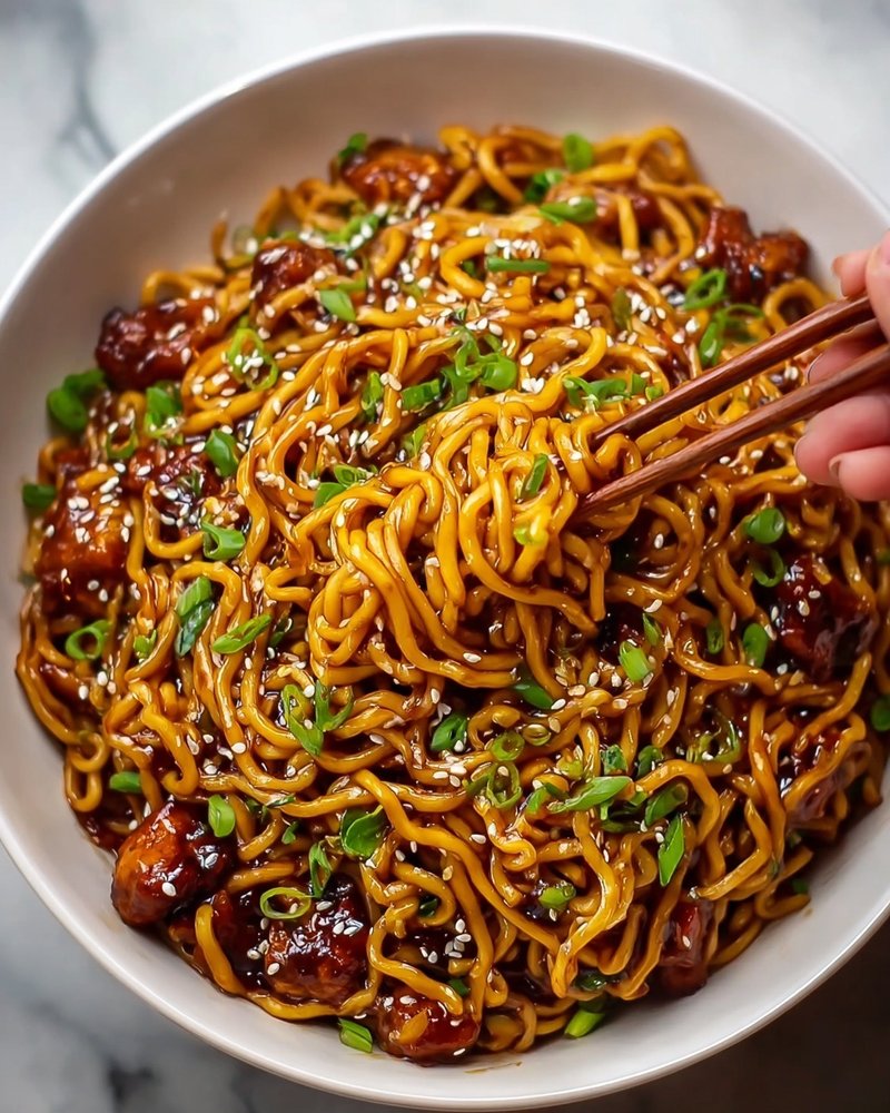 A white bowl filled with a large pile of golden-brown noodles coated in a shiny dark sauce, mixed with small chunks of glazed meat with a deep brown color, topped with bright green chopped scallions and white sesame seeds scattered over the surface. A pair of wooden chopsticks held by a woman's hand lifts a portion of the noodles, showing their glossy texture and slight curl. The scene is set against a white marbled texture background. photo taken with an iphone --ar 4:5 --v 7