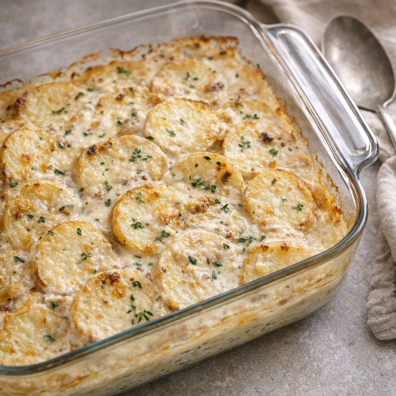 Bubbly baked potatoes in a glass casserole dish
