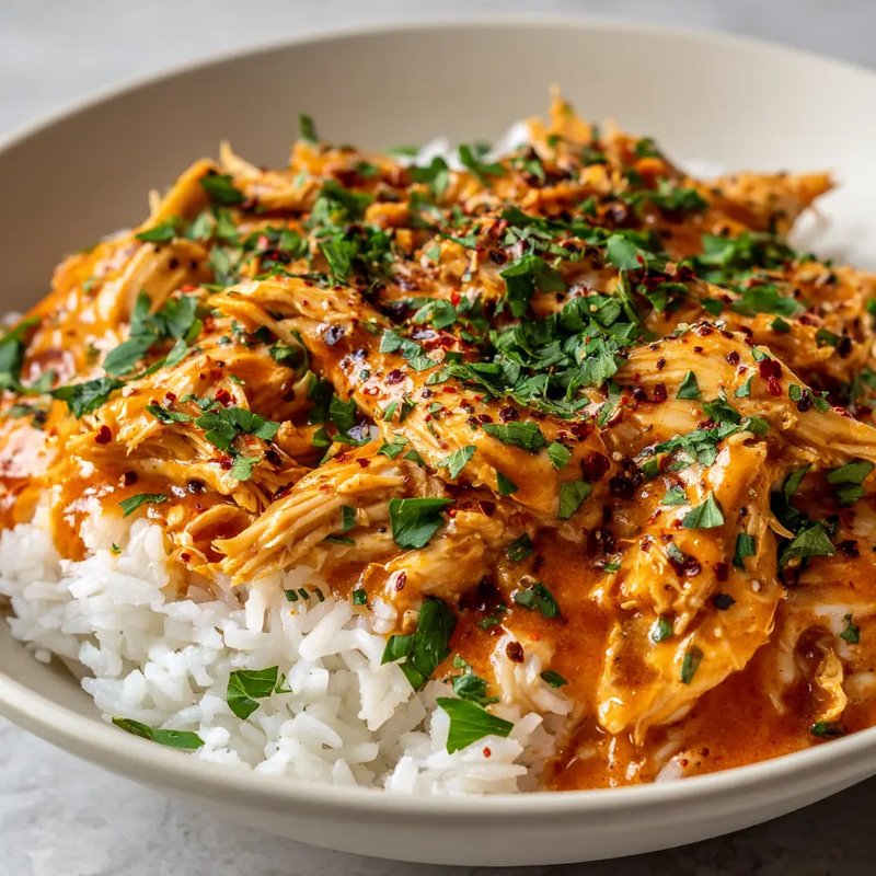 Close-up of a white ceramic bowl filled with fluffy white rice topped with thick, shredded chicken in a glossy, reddish-orange creamy Cajun butter sauce.