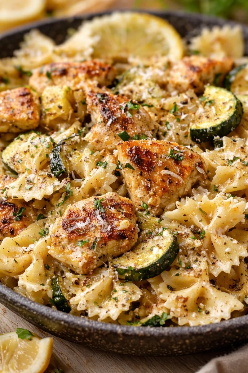 close-up of pan skillet pasta with chicken, zucchini, lemon, and parmesan