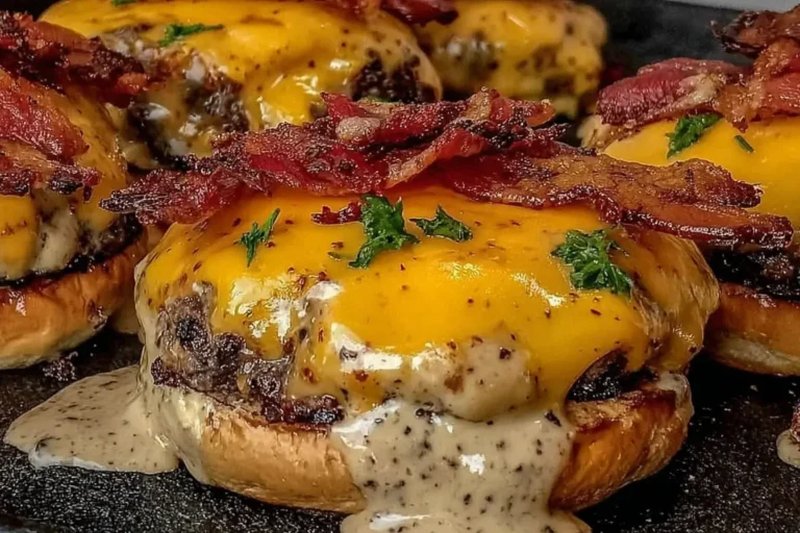 Close-up of sizzling Crack Burgers topped with melted cheddar, crispy bacon, and creamy sauce on toasted buns.