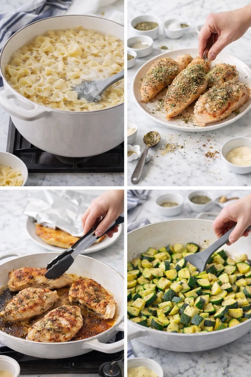 collage showing four cooking steps: pasta in pot, seasoned chicken, searing with tongs, and zucchini sauté