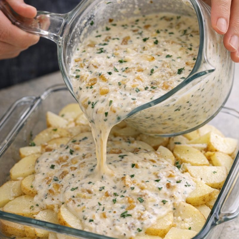 Cream being poured over layered potatoes