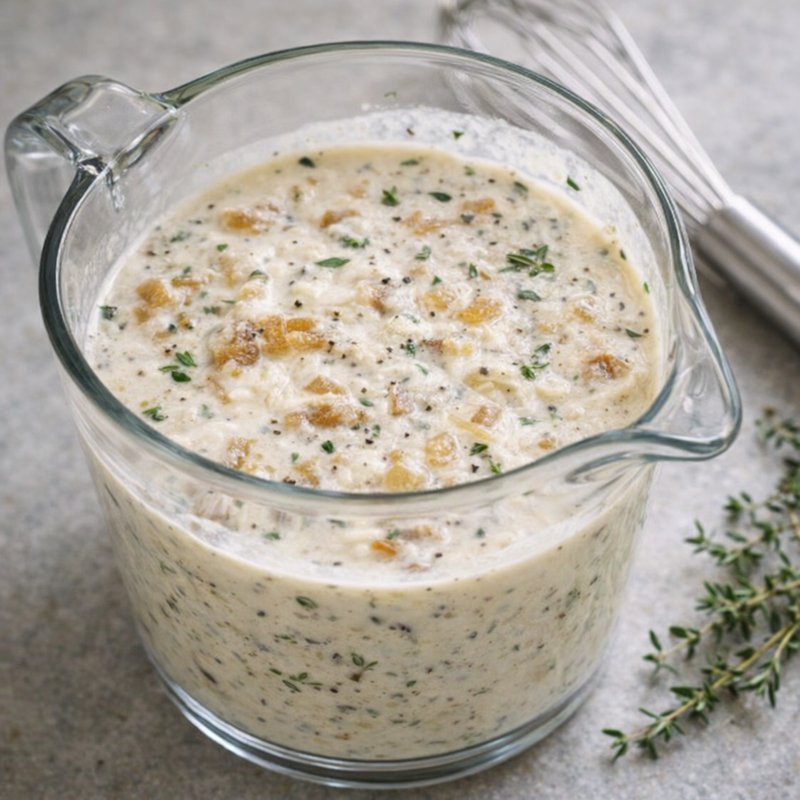 Cream mixture with herbs and onions in a measuring cup