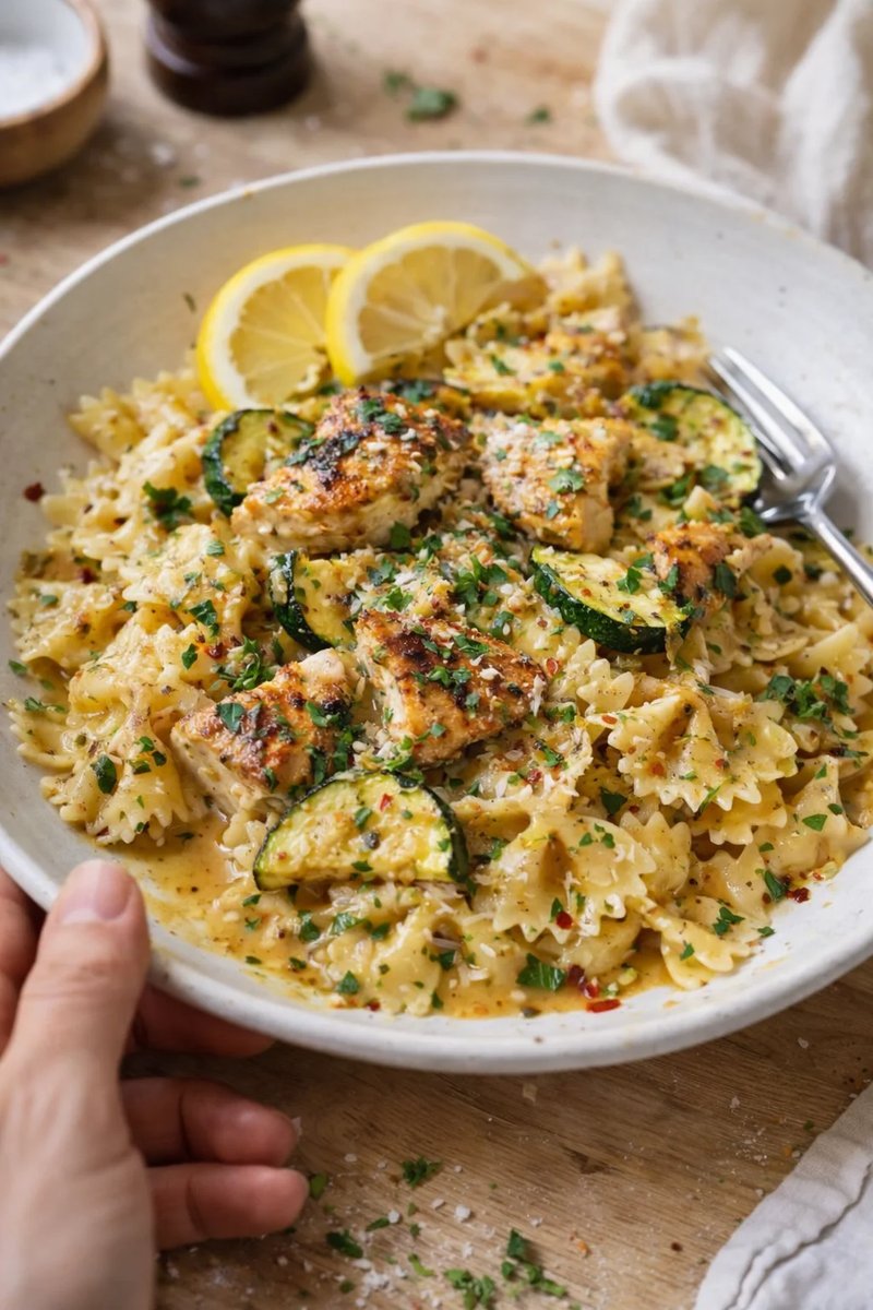 Creamy pasta with crispy chicken, zucchini, lemon wedges, and fresh herbs in a white bowl.