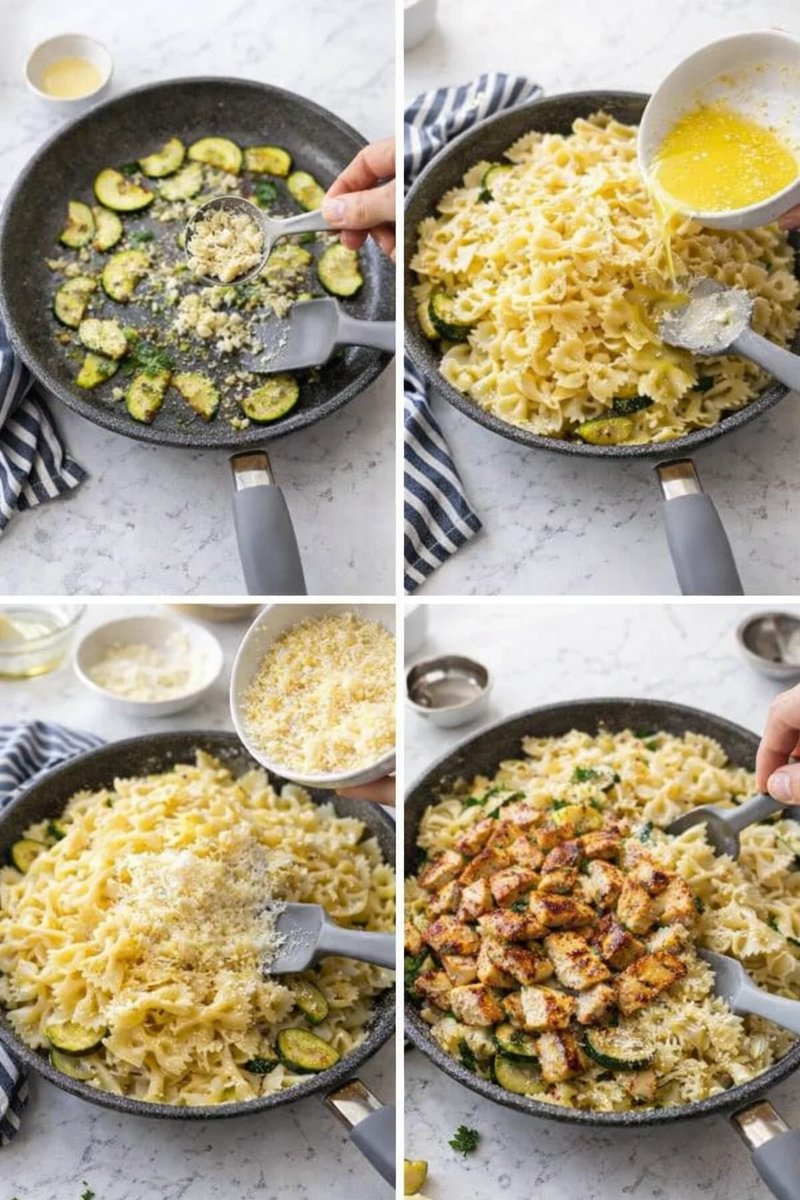 Four-panel collage showing zucchini pasta with garlic, cheese, and pan-seared chicken in a skillet.