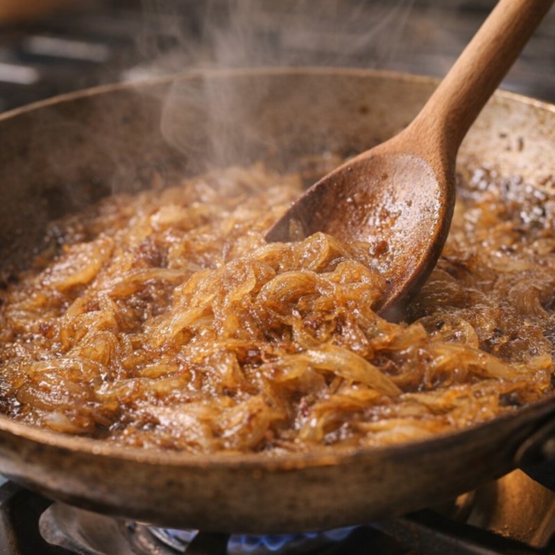 Golden caramelized onions in a skillet