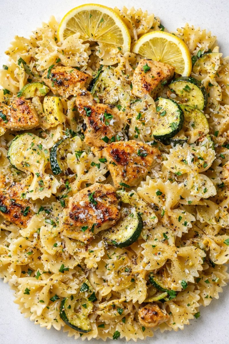Overhead shot of bow-tie pasta with lemon slices, zucchini, and grilled chicken.