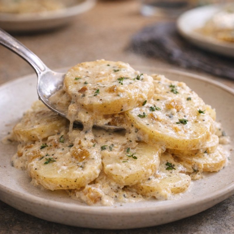 Served portion of creamy baked potatoes on a plate