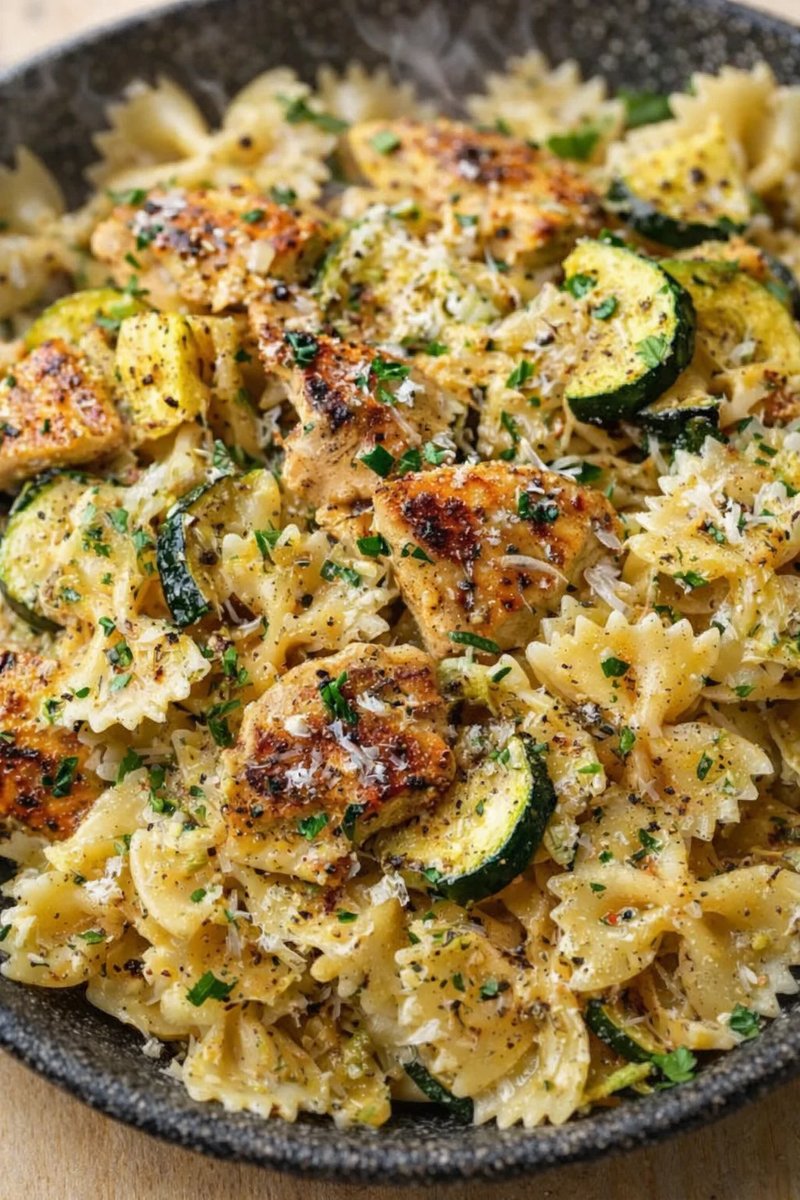Skillet bow-tie pasta with chicken and zucchini, topped with parmesan and herbs