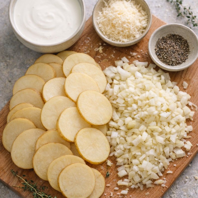 Sliced potatoes and onions arranged for prep