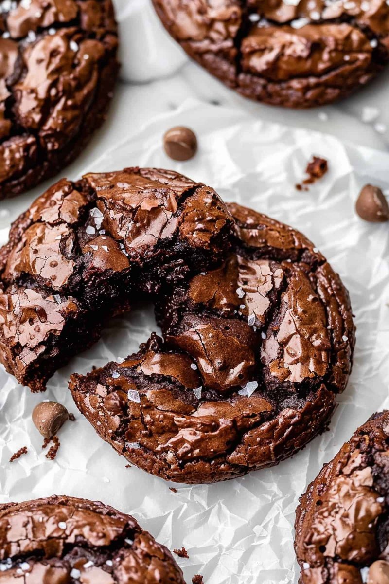 Soft and chewy brookies (brownie cookies) on a piece of parchment paper.