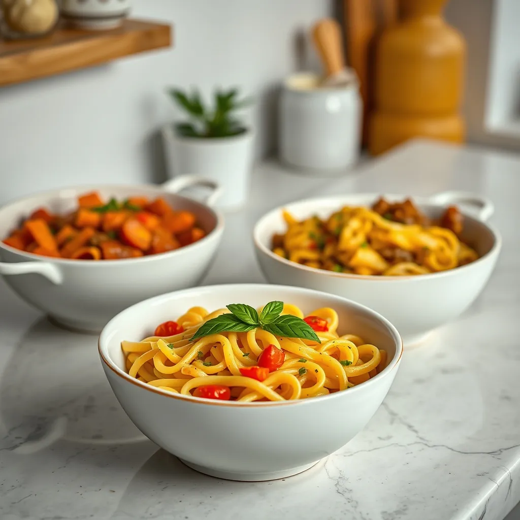 Three bowls of different one-pot pasta dishes lined up on a countertop: creamy lemon, tomato basil, and spicy sausage Basil spicy sausage