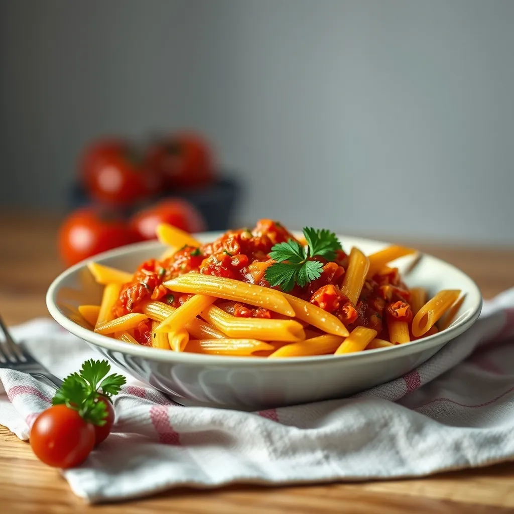 Bowl of gluten-free penne pasta with tomato sauce and fresh parsley on a kitchen towel Bowl glutenfree penne
