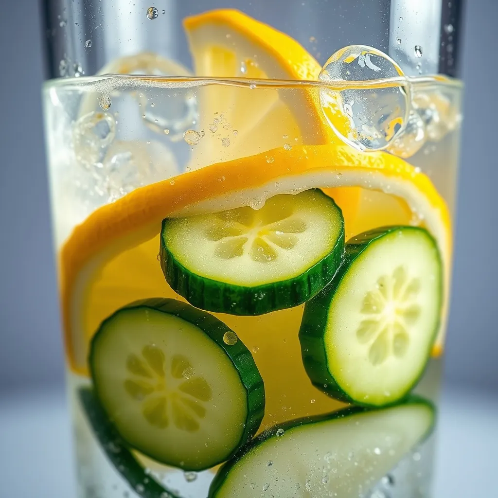 Close up of cucumber slices and lemon wedges soaking in ice water, condensation droplets on the glass, vibrant green and yellow colors contrasting with clear liquid Contrasting clear liquid