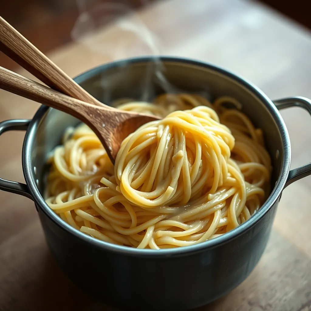 Deep pot of one-pot pasta being stirred with a wooden spoon showing creamy sauce coating the noodles Deep pot onepot