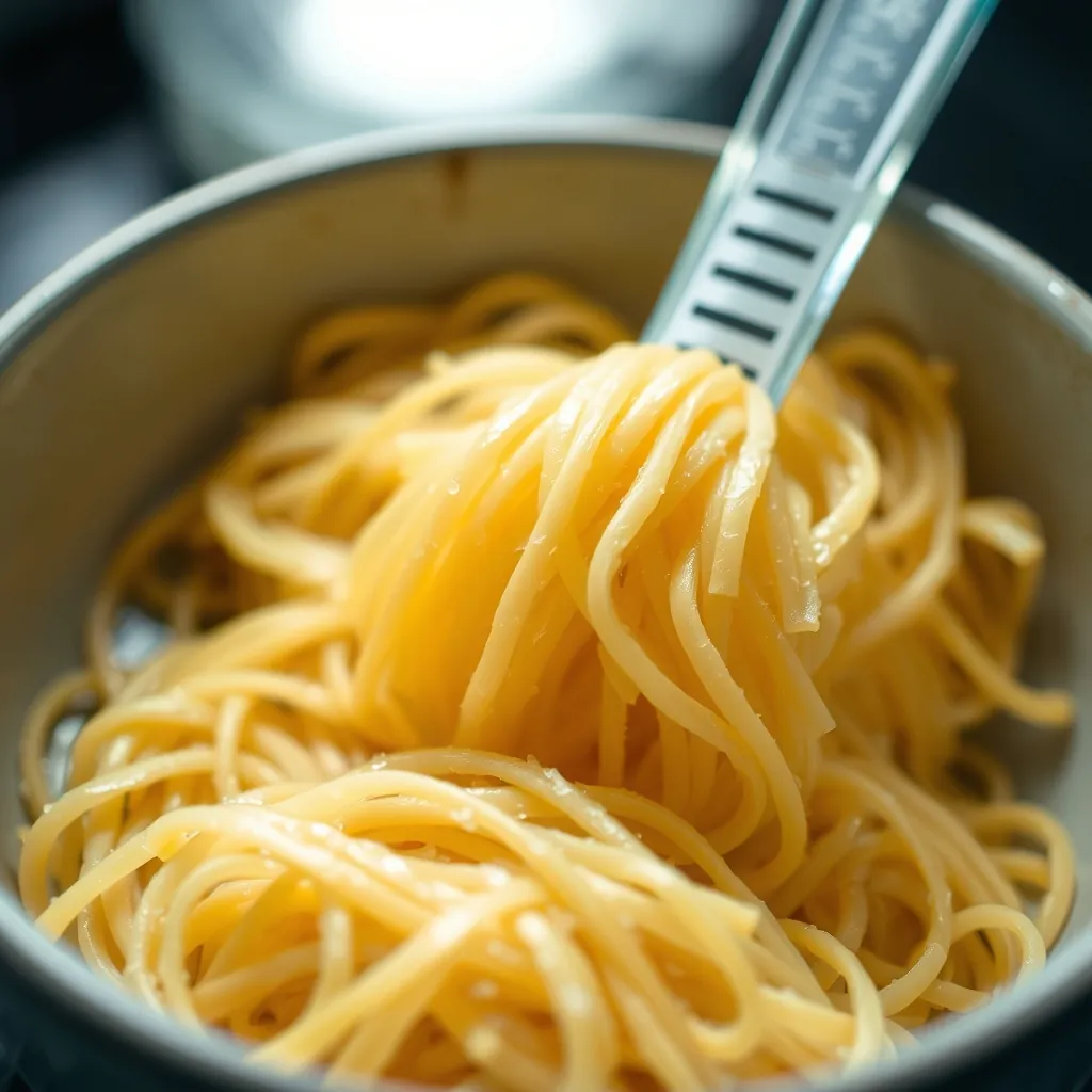 Close-up of dried angel hair pasta and fresh fettuccine noodles in a ceramic bowl with a measuring cup of water Dried angel hair