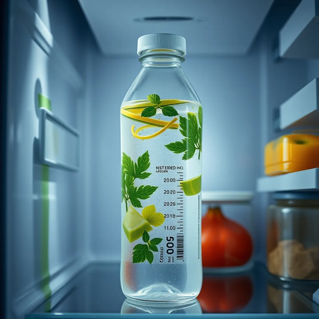 Glass bottle of infused water with airtight lid stored in refrigerator, date label on side, ingredients still visible and fresh looking Glass bottle infused