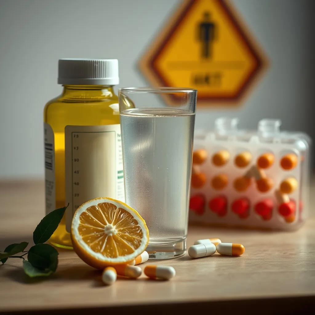 Glass of lemon water next to a bottle of blood pressure medication, pill organizer in background, warning sign visual Glass lemon water