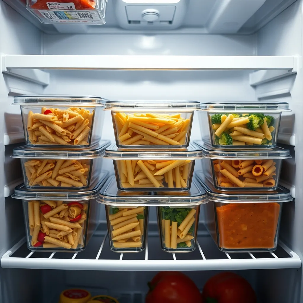 Glass meal prep containers with portioned one-pot pasta and vegetables on a refrigerator shelf Glass meal prep