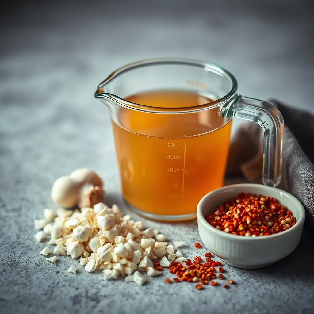 Glass measuring cup filled with chicken broth next to a pile of minced garlic and a small bowl of red pepper flakes Glass measuring cup