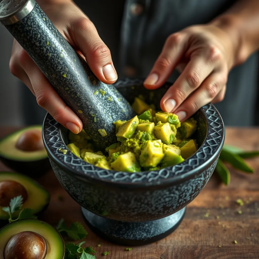 Hands mashing avocados