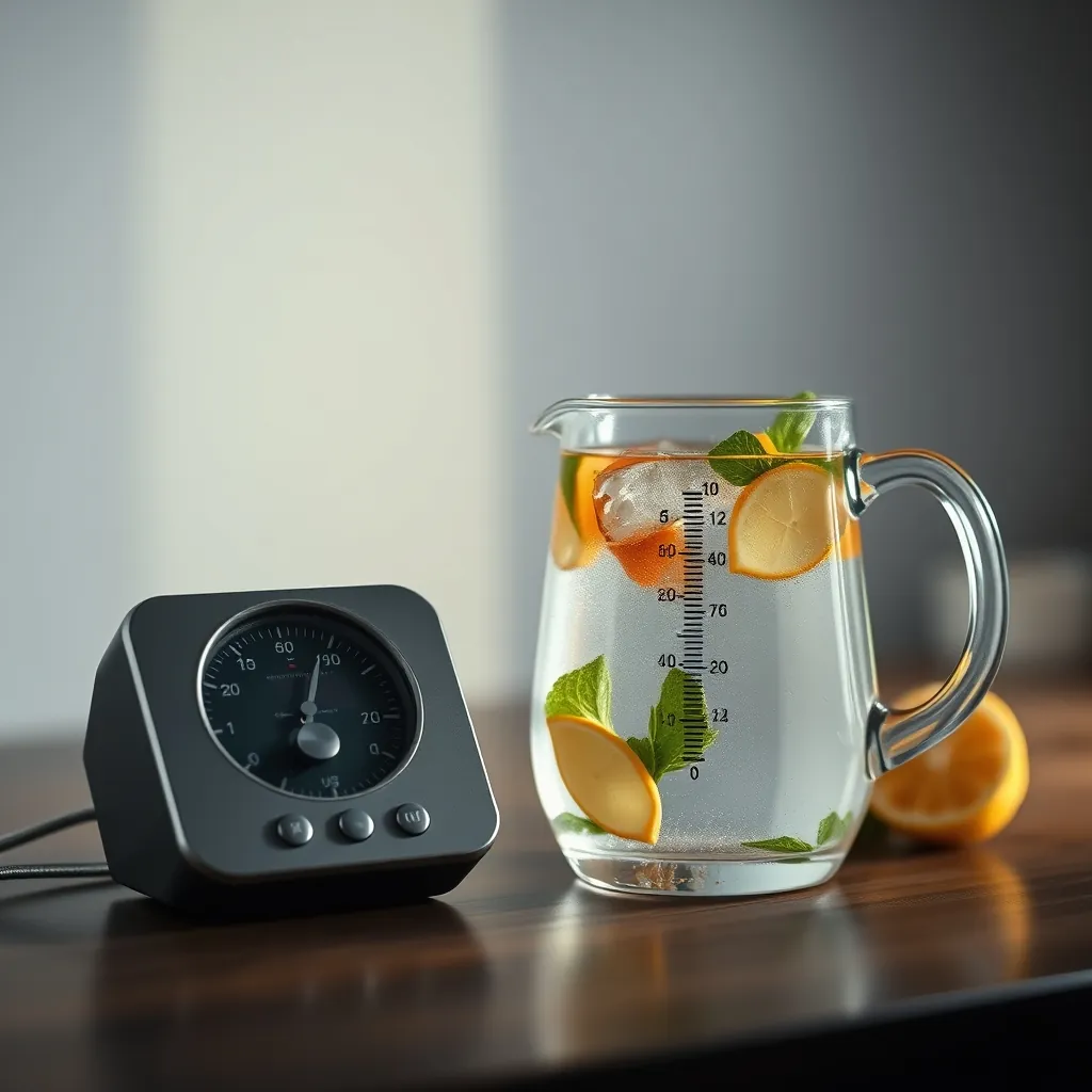 Kitchen timer next to a glass pitcher of infused water, thermometer showing cool temperature, ingredients clearly visible inside the glass Pitcher infused water