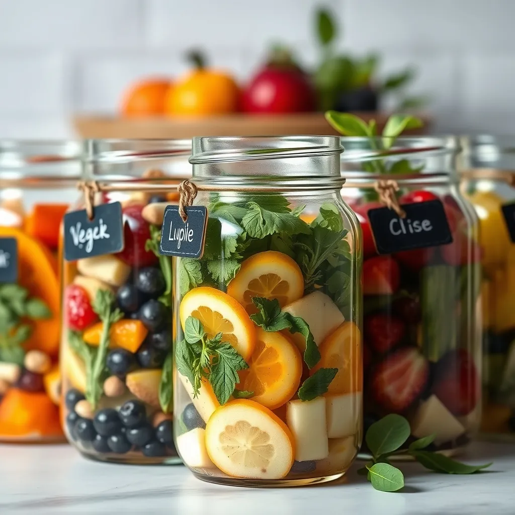 Row of five different mason jars each with a unique fruit and herb combination, colorful layers of ingredients visible through the glass, labeled with small chalkboard tags Small chalkboard tags