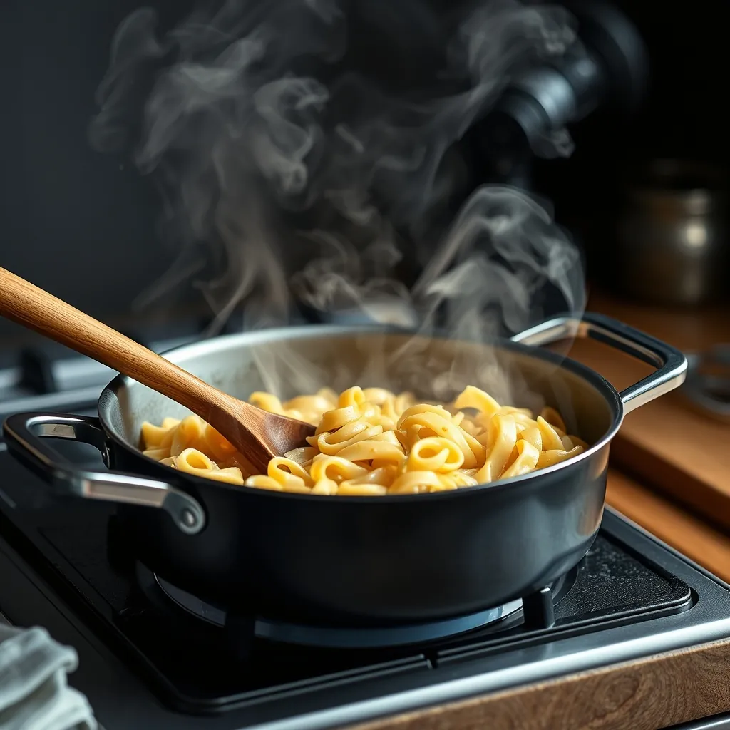 Stovetop skillet with leftover one-pot pasta being stirred with a wooden spoon and steam rising Stovetop skillet leftover
