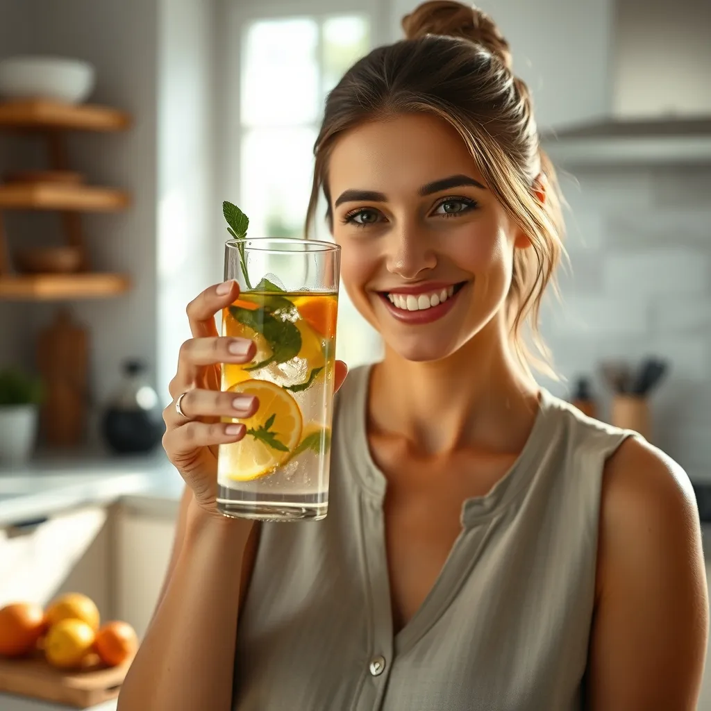 Woman holding a glass of infused water, smiling, healthy glowing skin visible, kitchen background with natural light Woman holding glass