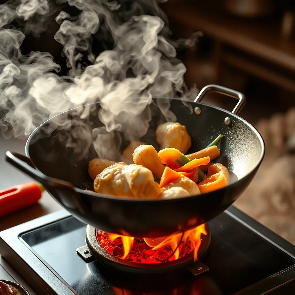 Steam rising from a hot wok with oil shimmering before adding chicken and vegetables Adding chicken vegetables