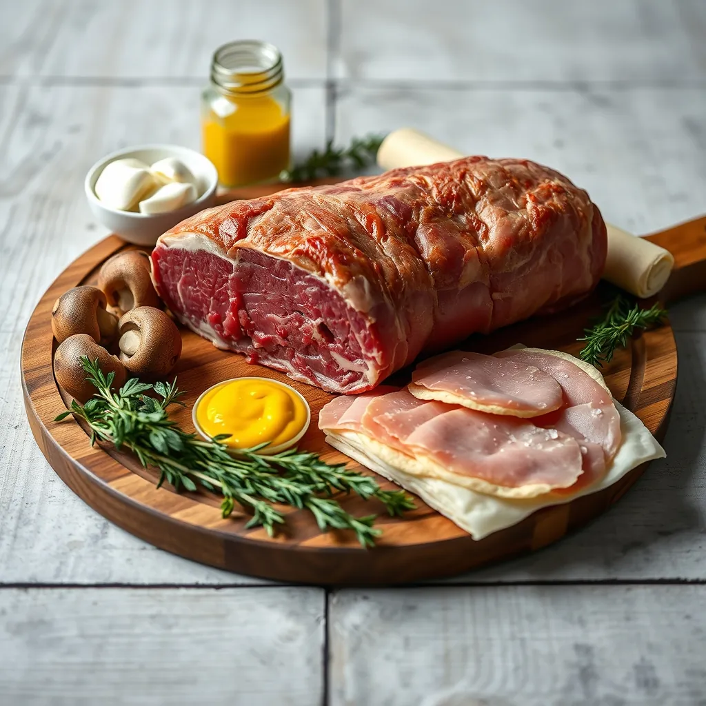 Ingredients for Beef Wellington laid out on a wooden board: a trimmed beef tenderloin, cremini mushrooms, shallots, fresh thyme, Dijon mustard, Parma ham slices, and a rolled sheet of all-butter puff pastry Allbutter puff pastry