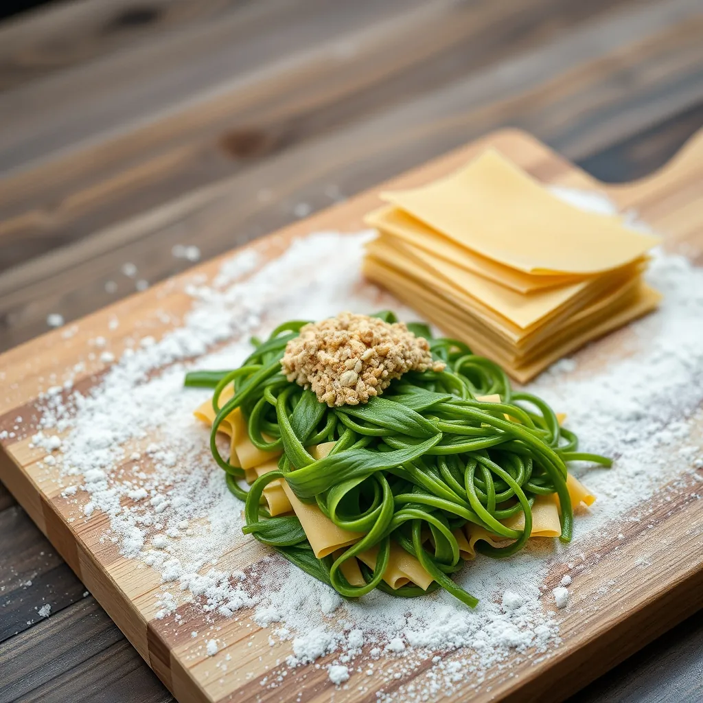 Three types of lasagna pasta sheets arranged on a floured wooden board: fresh green spinach pasta, dry durum wheat, and no-boil sheets Arranged floured wooden