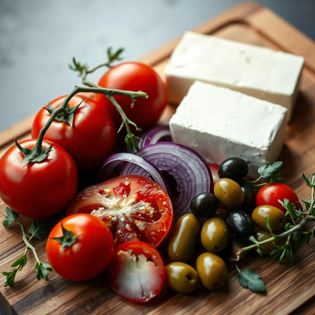 Arrangement of raw ingredients for Greek salad including whole tomatoes, cucumber, red onion, Kalamata olives, and a block of feta cheese on a wooden cutting board Arrangement raw ingredients