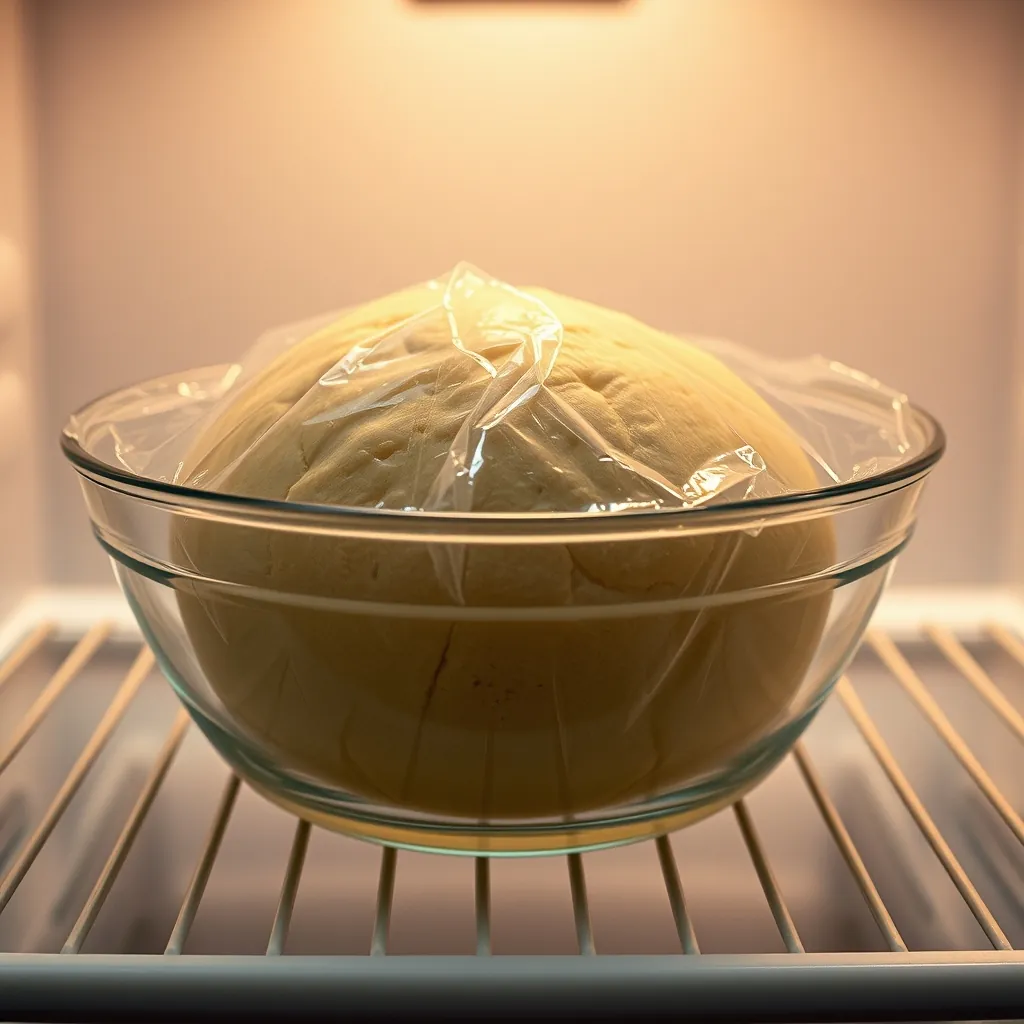 Ball of pizza dough resting in a lightly oiled glass bowl, covered with plastic wrap, sitting on a refrigerator shelf Ball pizza dough