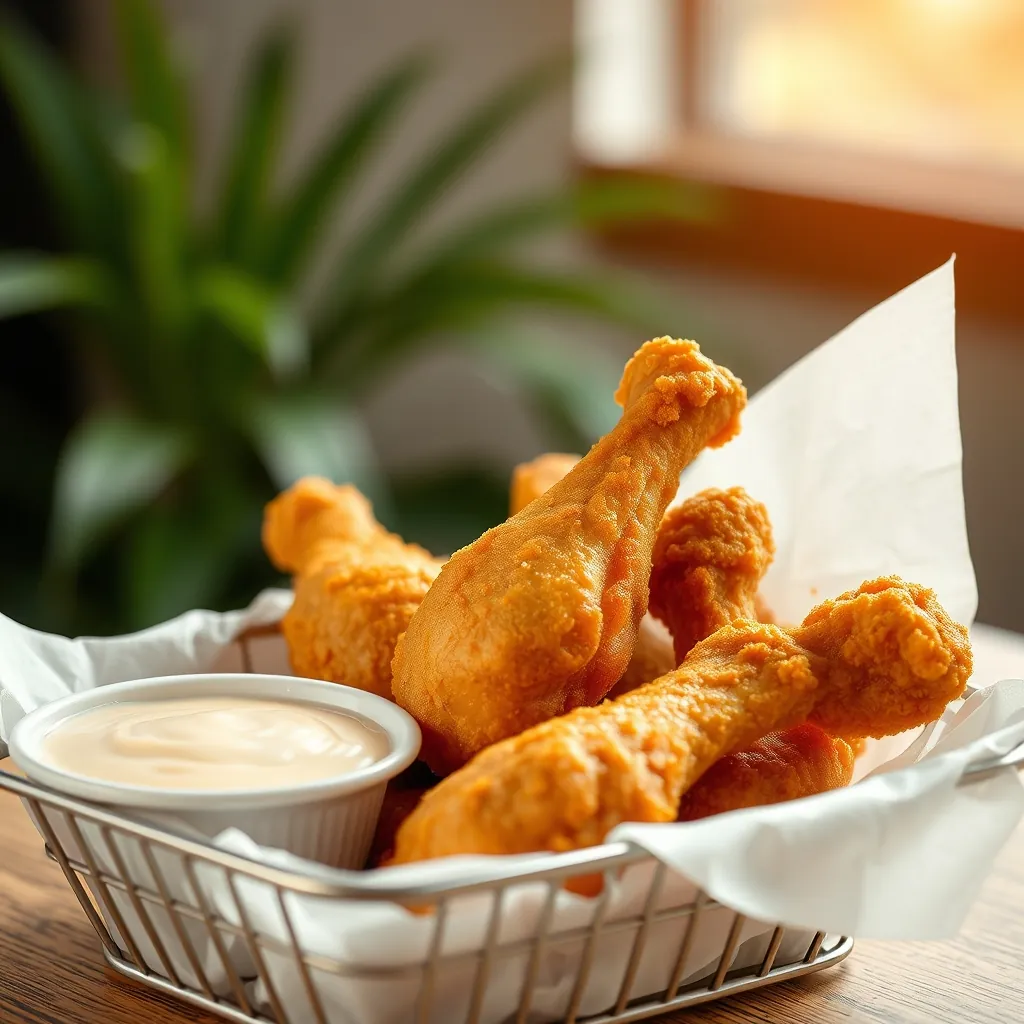 Basket of golden brown air fried chicken drumsticks with a side of dipping sauce Basket golden brown