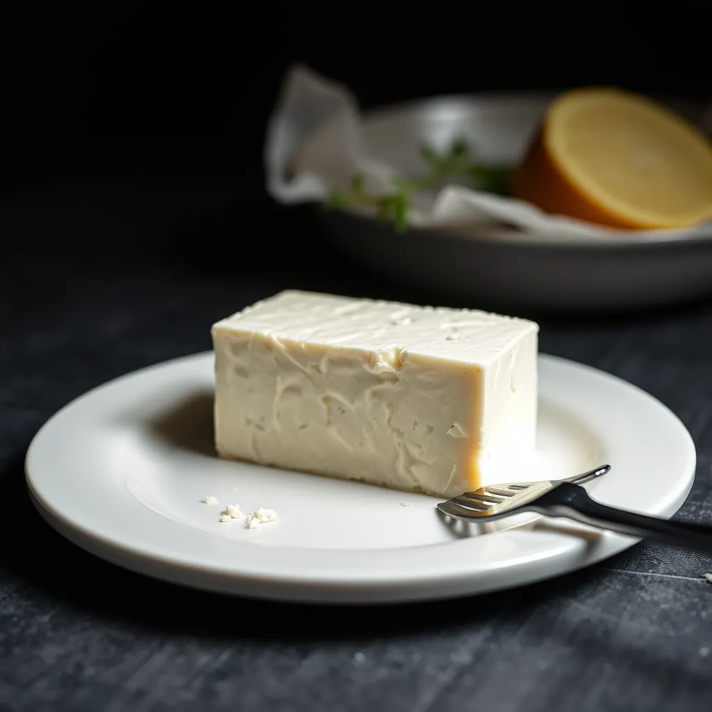 Block of feta cheese in brine sitting on a white plate, with a fork next to it Block feta cheese