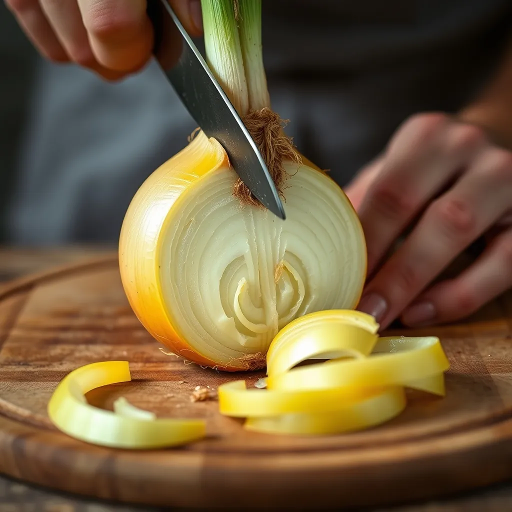 Close up of hands slicing a yellow onion pole to pole on a wooden cutting board, showing the root intact Board root intact
