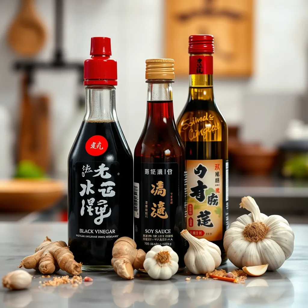 Bottles of soy sauce, black vinegar, and sesame oil on a kitchen counter with fresh ginger and garlic Bottles soy sauce