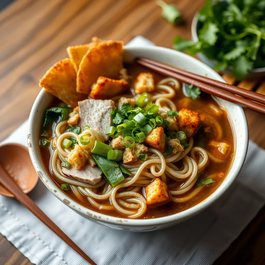 Bowl of cao lau noodles with thick chewy noodles, sliced pork, fresh herbs, bean sprouts, and crispy croutons, served in a dark savory broth, garnished with green onion and cilantro Bowl cao lau