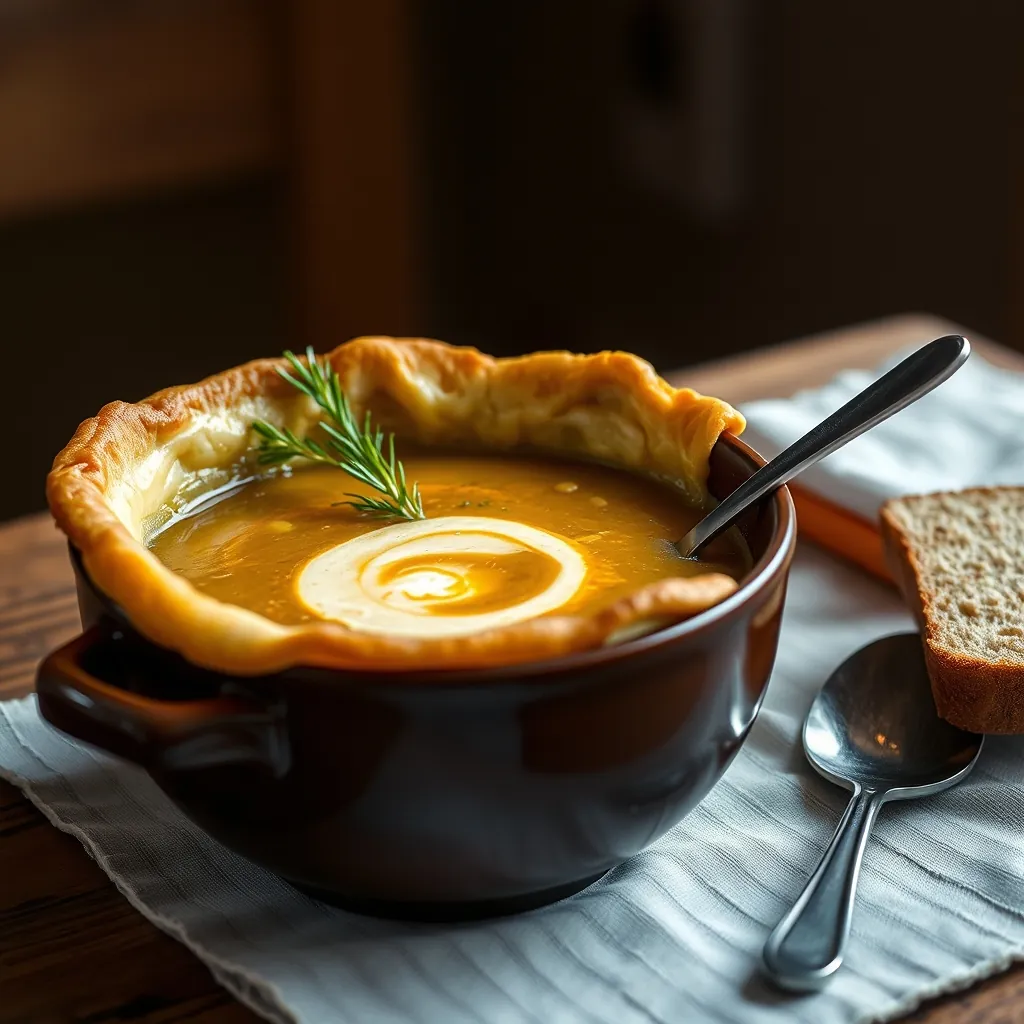 Bowl of classic French onion soup with a thick, golden brown Gruyère crust bubbling over the edge, served on a wooden table with a side spoon Bowl classic french
