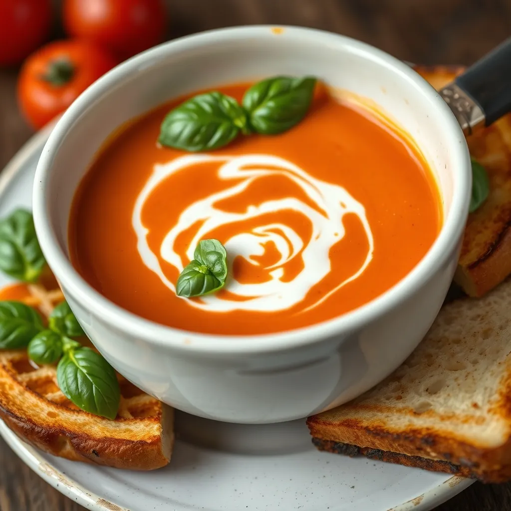 Bowl of creamy tomato basil soup with a swirl of cream and fresh basil leaves on top, served with a grilled cheese sandwich on the side Bowl creamy tomato