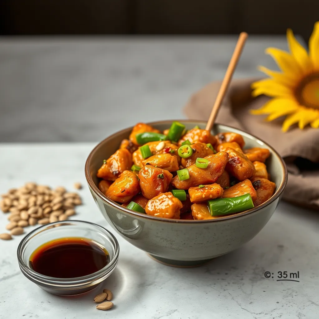 Bowl of Kung Pao Chicken next to a small dish of tamari (gluten-free soy sauce) and a handful of sunflower seeds Bowl kung pao