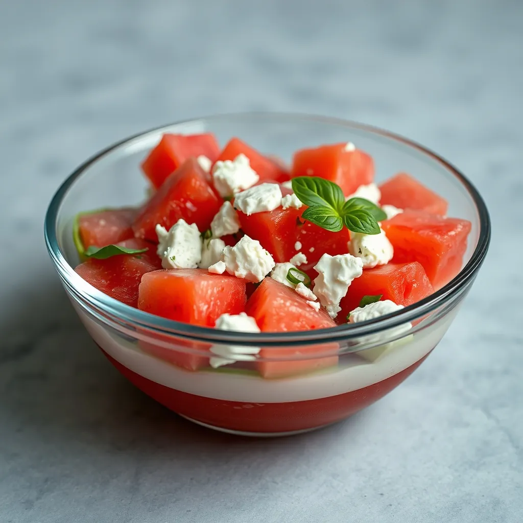 A bowl of leftover watermelon feta salad with a layer of liquid at the bottom, showing water separation Bowl leftover watermelon