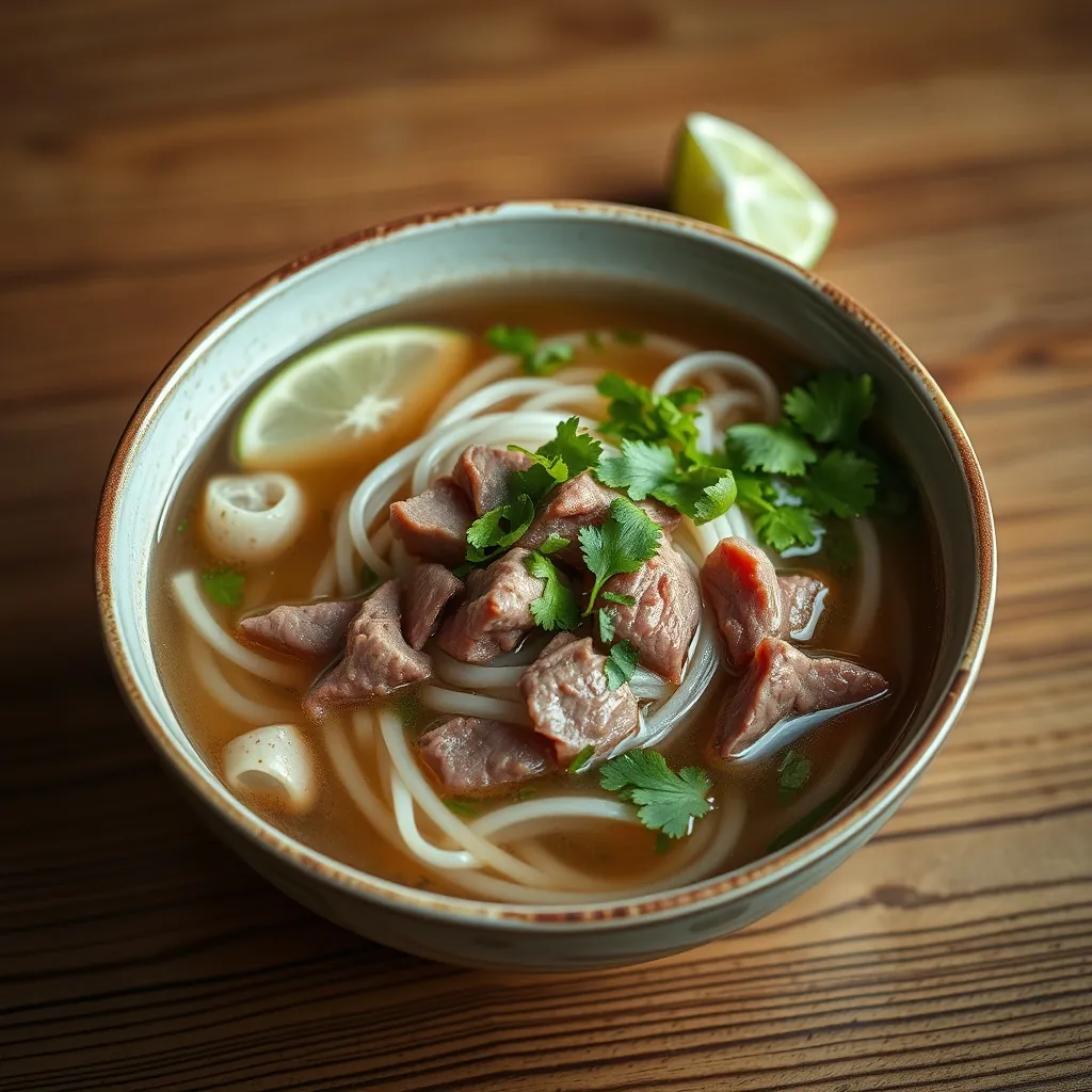 Bowl of pho with clear broth, rice noodles, sliced beef, fresh herbs, and lime wedges on a wooden table Bowl pho clear