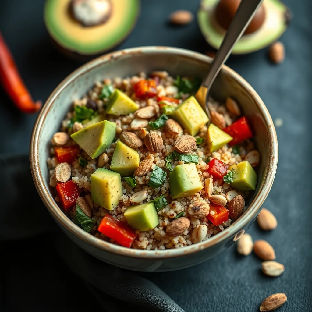 Bowl of quinoa salad with avocado chunks, roasted red peppers, and toasted almonds Bowl quinoa salad