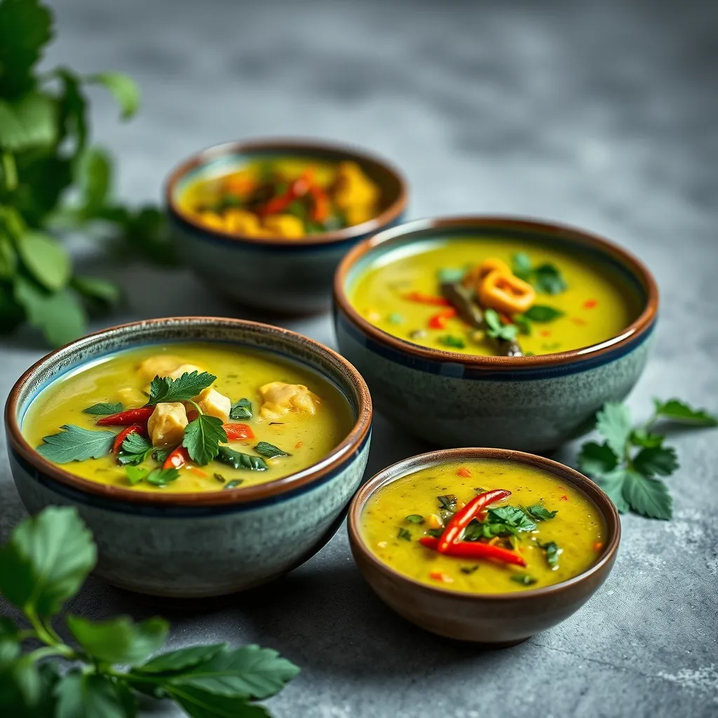 Three bowls of Thai green curry with varying levels of chili content, from mild to spicy, garnished with different herbs Bowls thai green