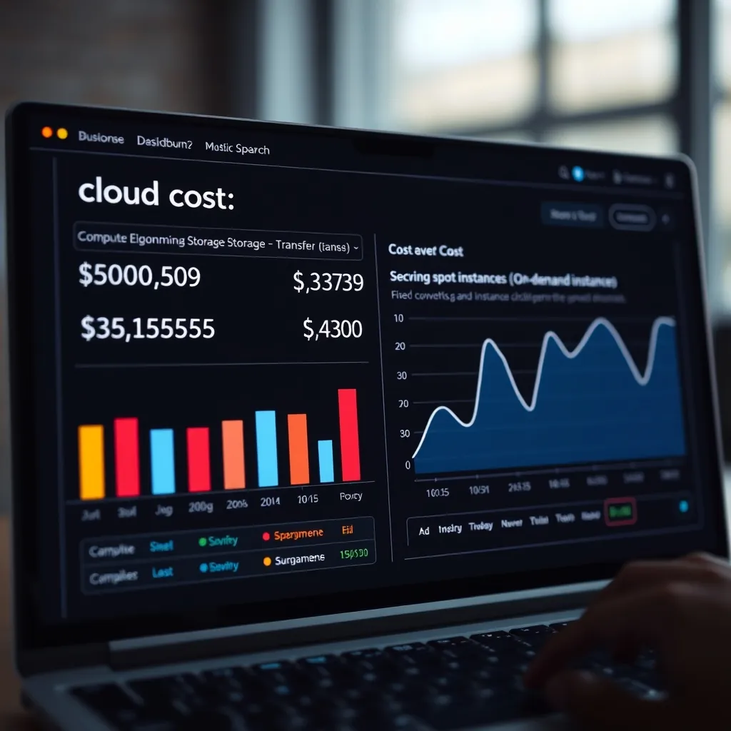 Dashboard showing cloud cost breakdown with bars for compute, storage, and data transfer costs, alongside a graph showing cost savings from using spot instances versus on-demand instances over time Breakdown bars compute
